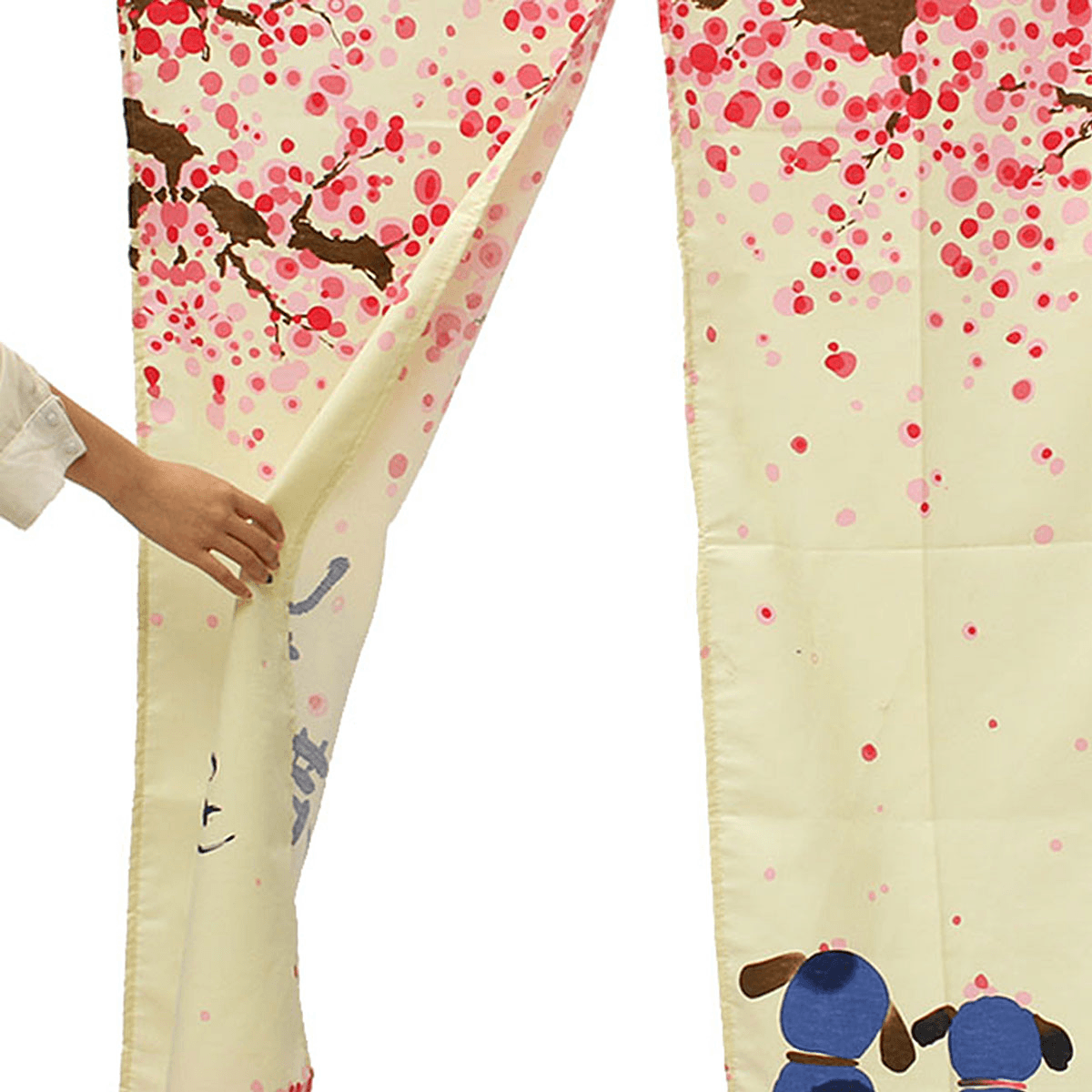 Rideau de porte noren japonais romantique en fleurs de cerisier Sakura et petit chien 150 x 85 cm