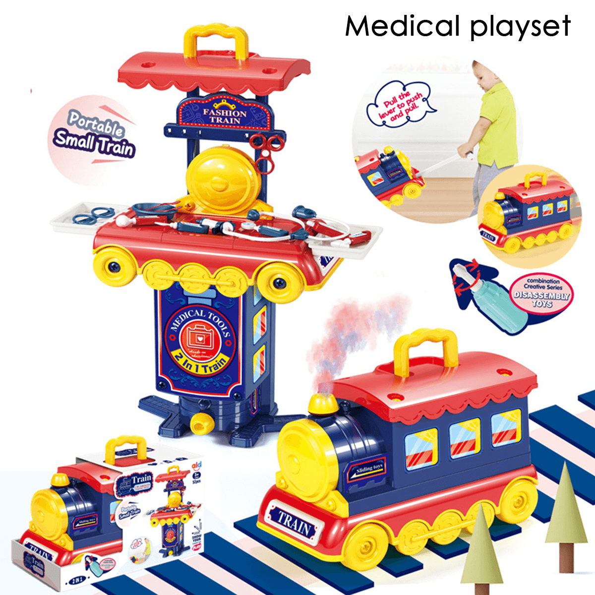 Juego de cocina multiestilo 2 en 1 y juego de aprendizaje de tren pequeño portátil, juguetes para niños, regalo