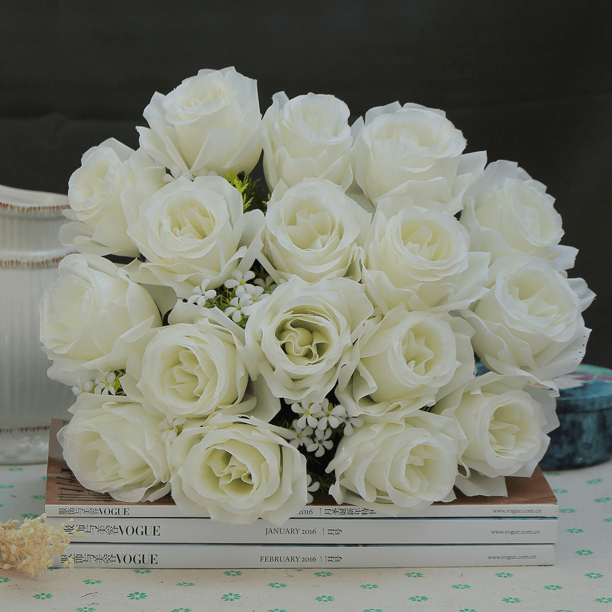 Ramo de 18 cabezas de rosas artificiales de seda de 15 pulgadas para decoración de bodas y hogar