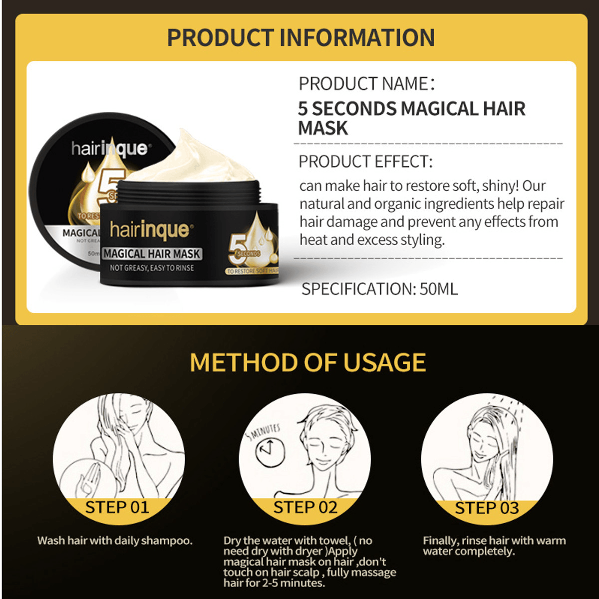 HAIRINQUE 50Ml Mascarilla capilar de tratamiento mágico que nutre en 5 segundos y repara los daños del cabello Acondicionador