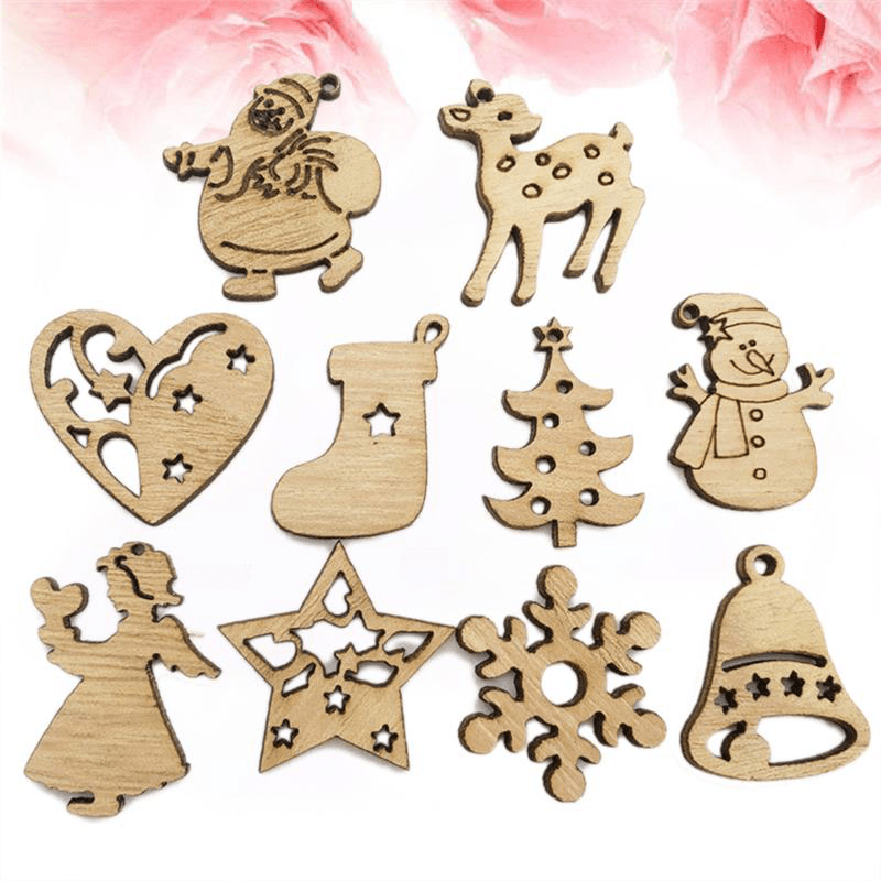 100PCS Wooden Piece Cartoon Cute Creative DIY Cutouts Craft Embellishments Wood Ornament Decorations