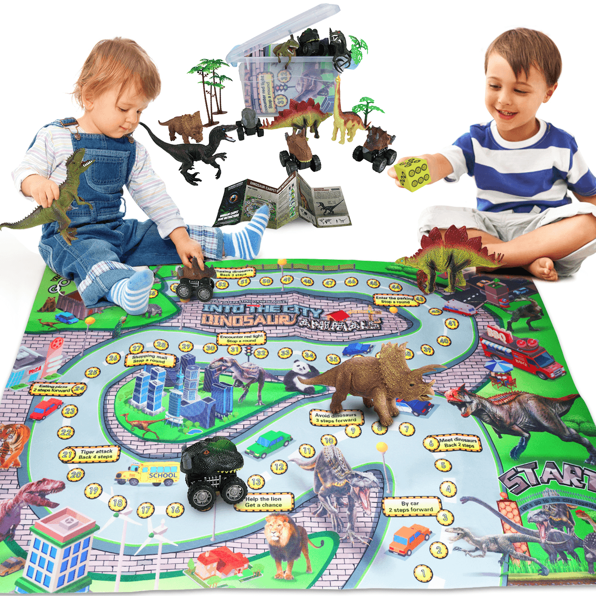 Jouets de dinosaures Figurines de dinosaures avec tapis de jeu et arbres d'activités, ensemble de jeu éducatif réaliste pour dinosaures pour créer un monde de dinosaures comprenant Triceratops, Velociraptor, pour enfants, garçons et filles