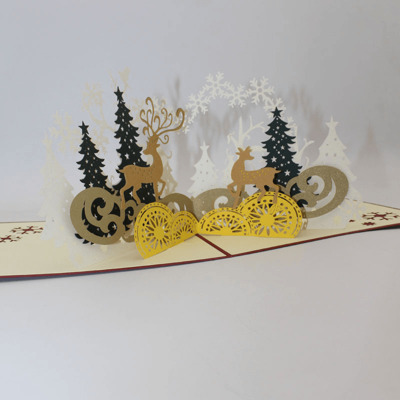 Tarjeta de felicitación emergente 3D con ciervos del bosque navideño, regalos de Navidad, tarjetas de felicitación para fiestas, regalo de tallado de papel