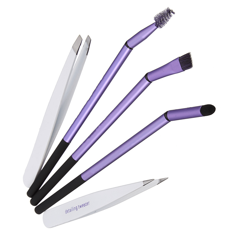 Ensemble d'outils de toilettage des sourcils 5 pièces Pince à épiler coudée Kit de pinceaux de maquillage pour les yeux pour les sourcils inclinés