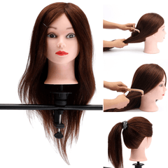 Cabeza de maniquí para entrenamiento de peluquería, de 20" y 90 % cabello humano, color marrón, con pinza para práctica de trenzado