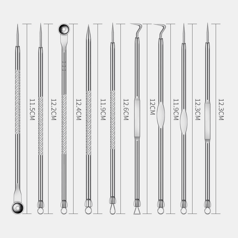 Ensemble de 9 outils pour éliminer l'acné, aiguilles à double tête en acier inoxydable pour éliminer les points noirs, outil de soin du visage