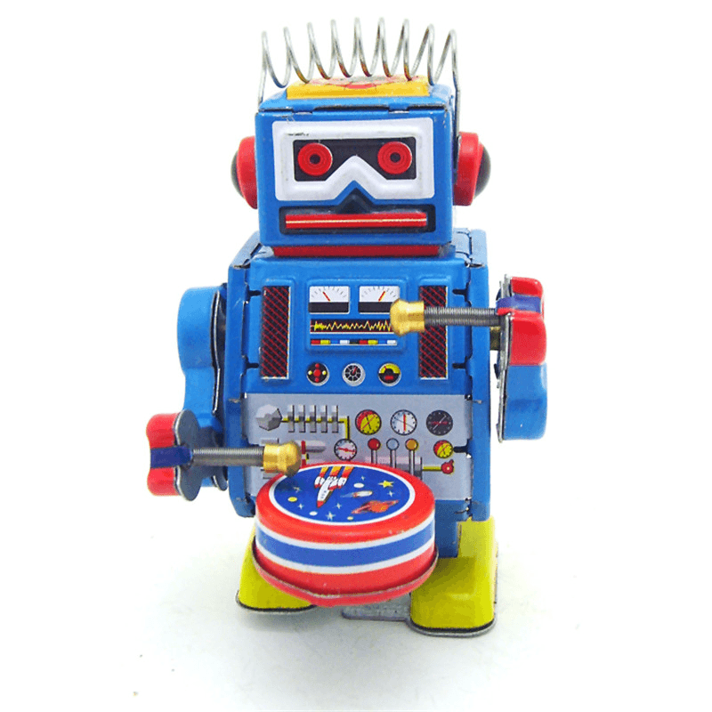 Clásico robot de cuerda vintage con mecanismo de relojería para niños, juguete de hojalata con llave