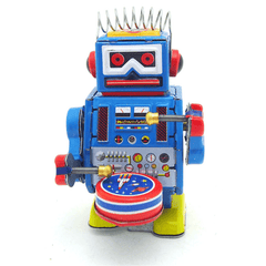 Clásico robot de cuerda vintage con mecanismo de relojería para niños, juguete de hojalata con llave