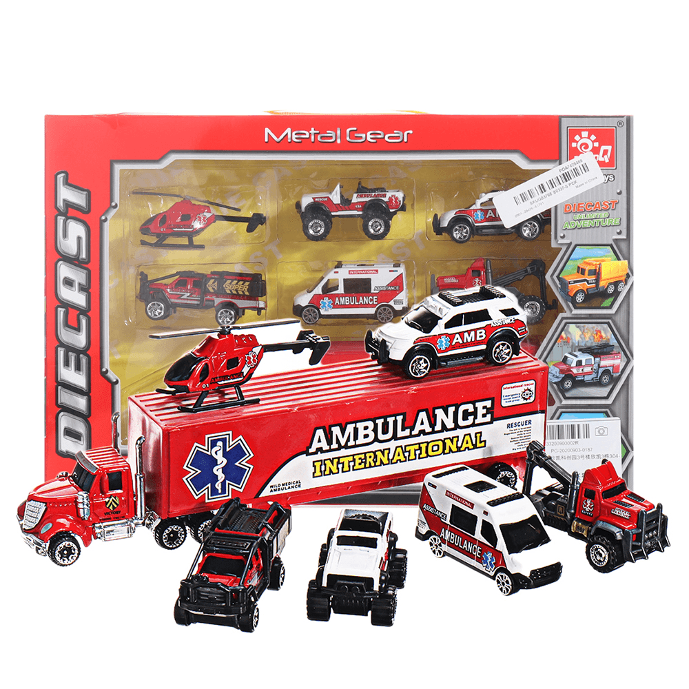 7 PCS Alloy Plastic Diecast Engineering Vehicle Ambulance Polices Car Model Toy Set for Children Gift