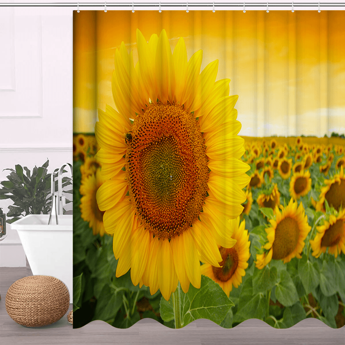 Cortina de ducha impermeable y resistente al moho con estampado de girasoles de poliéster de 180 x 180 cm