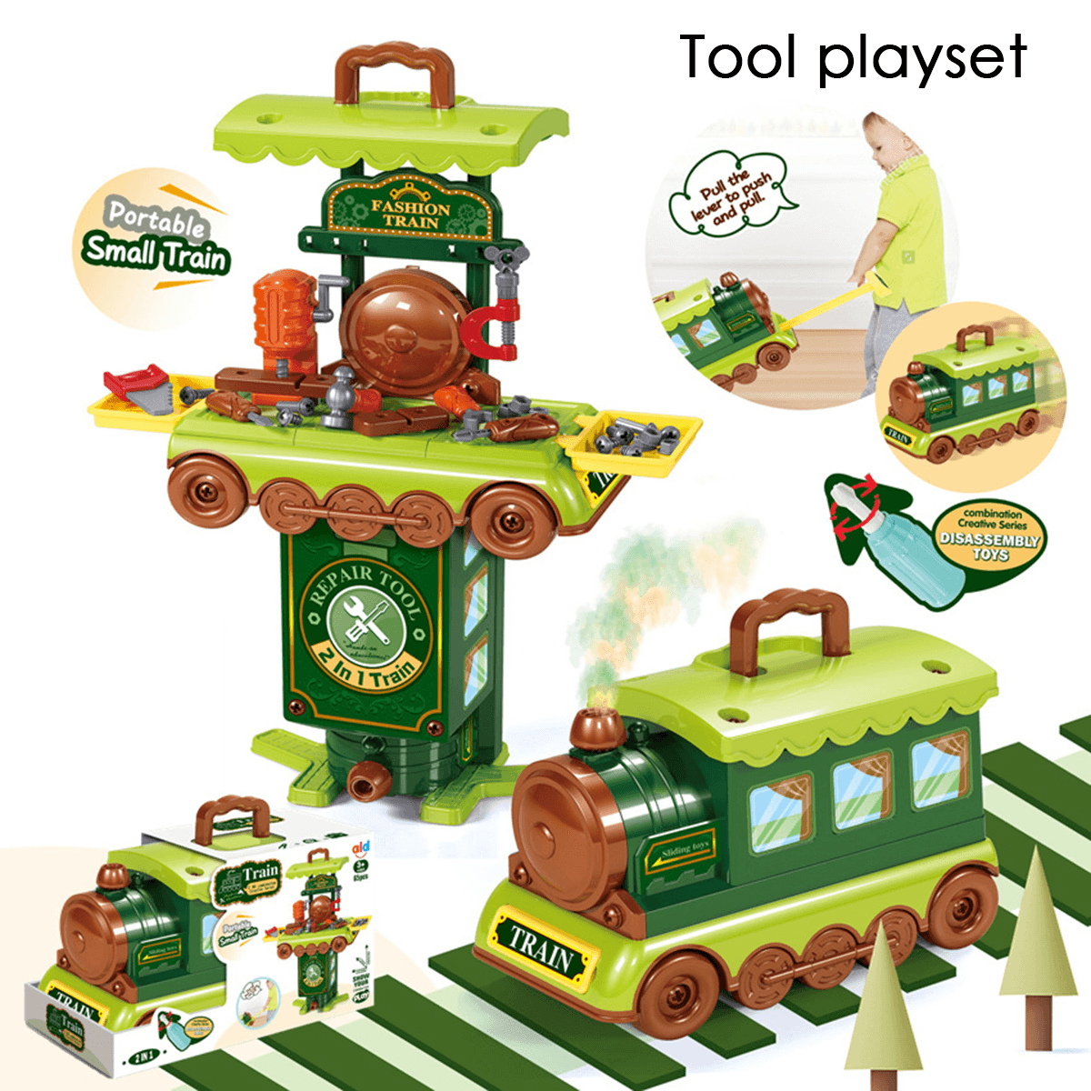 Juego de cocina multiestilo 2 en 1 y juego de aprendizaje de tren pequeño portátil, juguetes para niños, regalo