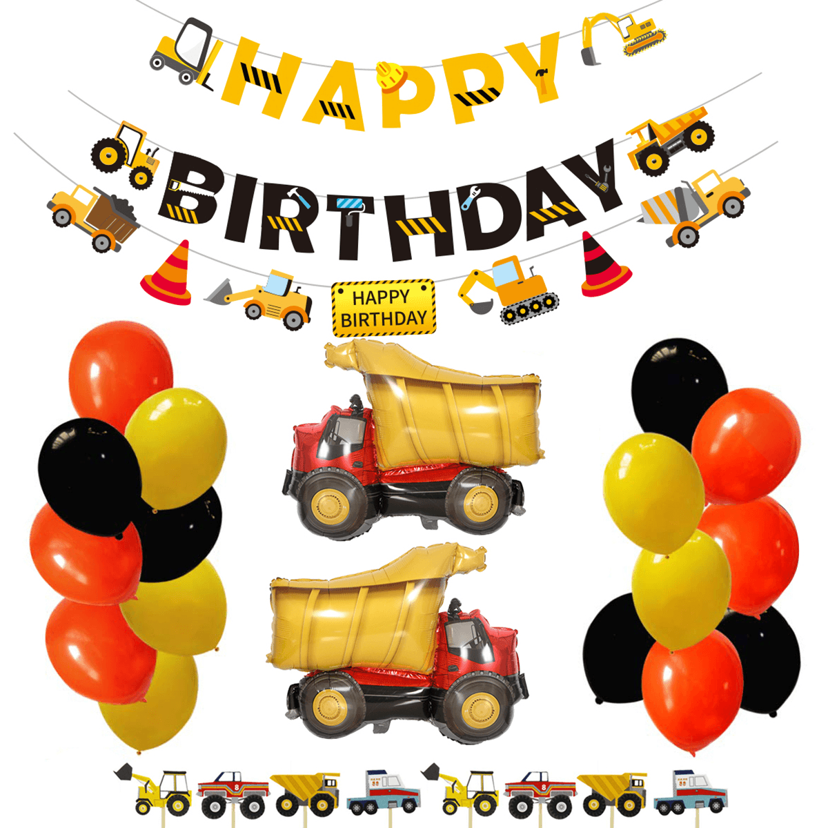 Construction Truck Birthday Flag Sign Cake Insert Aluminum Film Balloon Engineering Car for Party Decoration