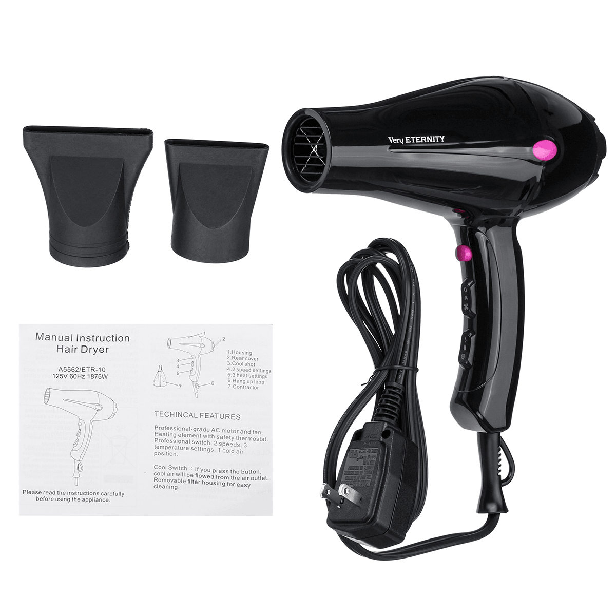 Secador de pelo profesional de 1875 W, 2 velocidades, 3 configuraciones de calor, soplador, el mejor salón de belleza de viaje