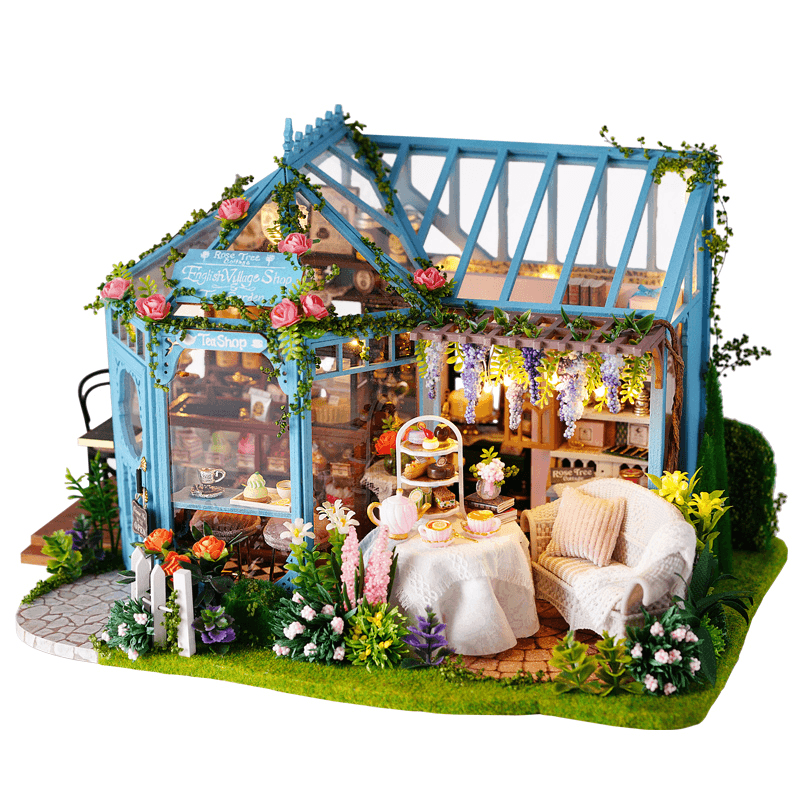 Cuteroom A068 DIY Cabin Rose Garden Tea House Handmade Doll House Model with Dust Cover Music Motor