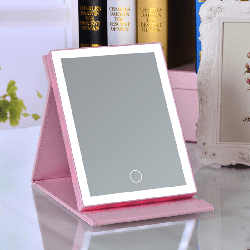 Espejo de maquillaje con pantalla táctil LED plegable, espejo de piel sintética con carga USB, lámpara de espejo cosmético, herramienta luminosa