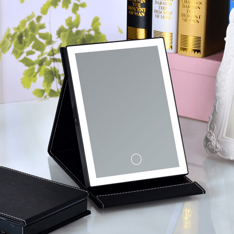 Espejo de maquillaje con pantalla táctil LED plegable, espejo de piel sintética con carga USB, lámpara de espejo cosmético, herramienta luminosa