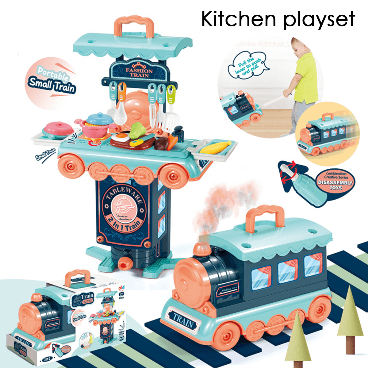 Juego de cocina multiestilo 2 en 1 y juego de aprendizaje de tren pequeño portátil, juguetes para niños, regalo