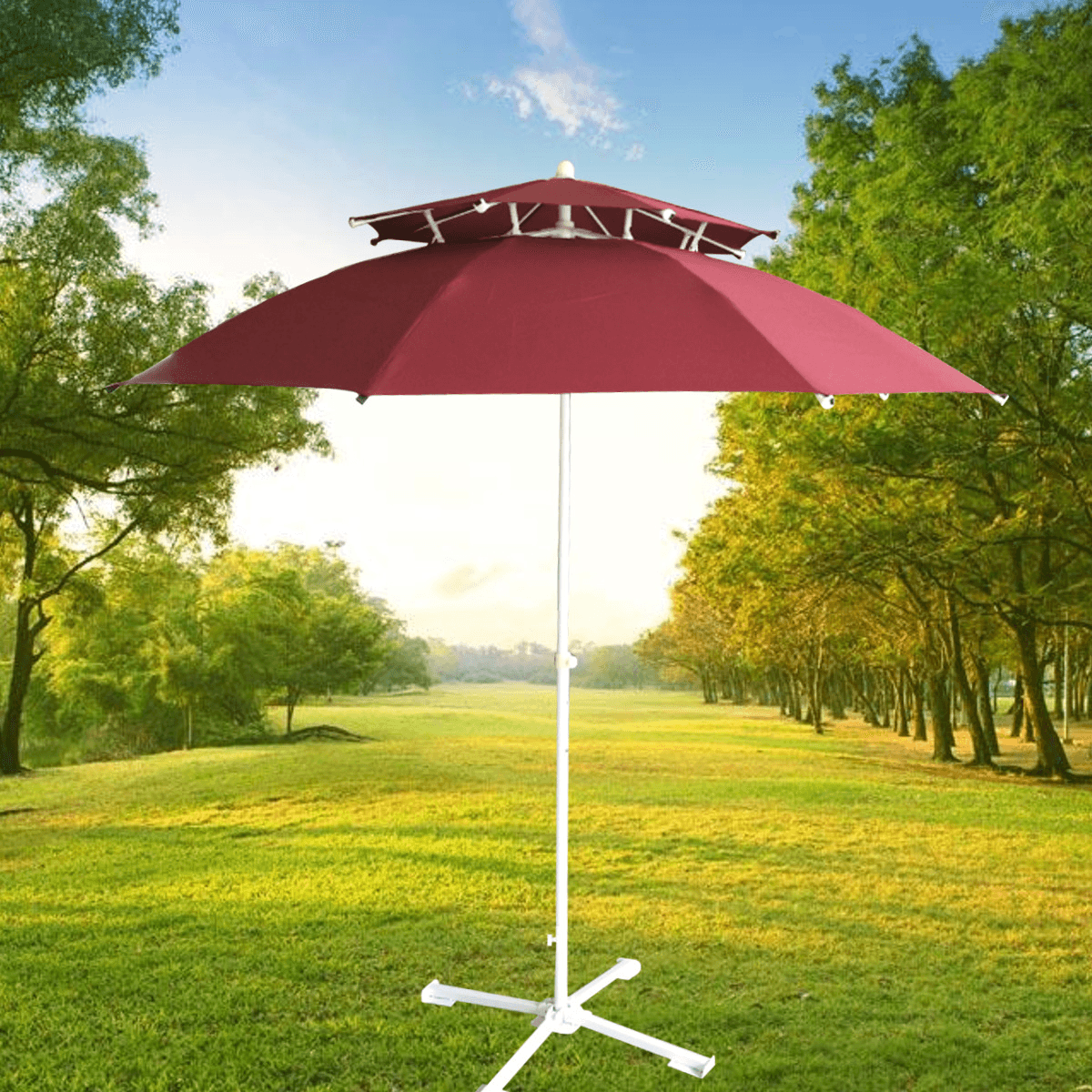 Parasol portatif d'extérieur de 2,4 m à double toit pour terrasse, grand parasol, auvent de plage, pique-nique, camping