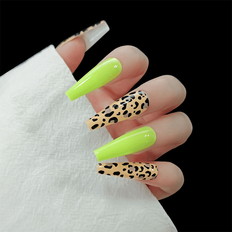 24 Pcs/Set Extra Long Ballerina False Nails Fluorescent Leopard Print Women Full Cover Nails