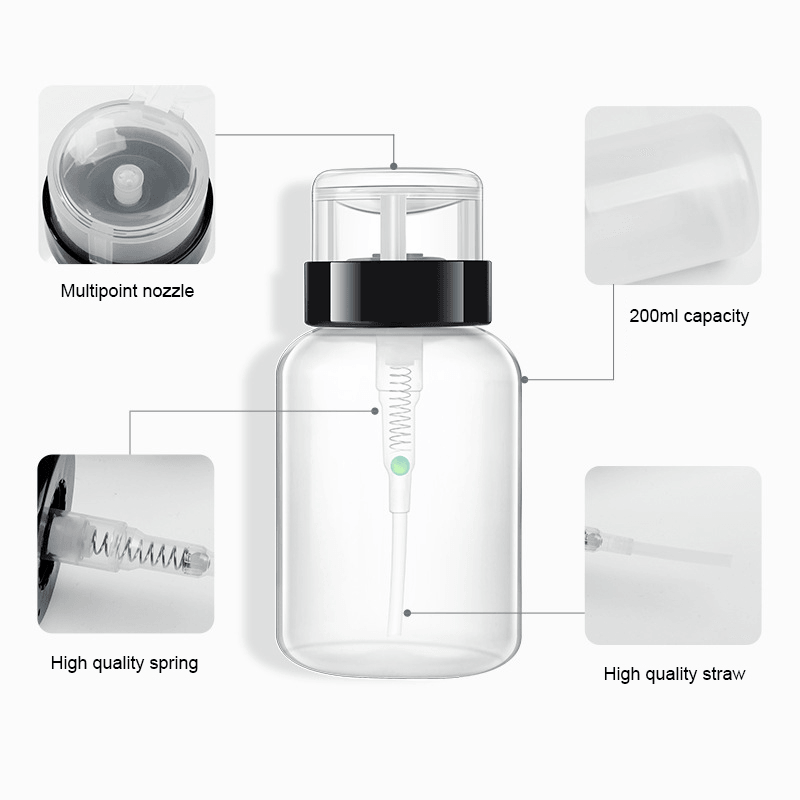 1 bouteille vide rechargeable en plastique de 200 ml pour dissolvant de vernis à ongles, bouteille distributrice de liquide à pression pour alcool, nettoyant pour gel UV pour nail art