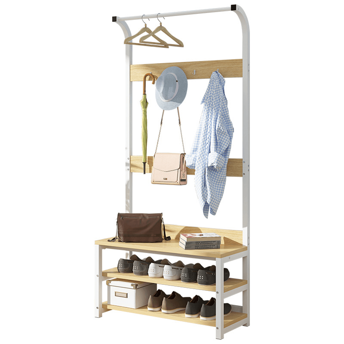 Porte-manteaux Porte-manteaux sur pied Porte-chaussures en bois massif et fer Porte-manteaux d'entrée Porte-vêtements Chambre Salon Vêtements Chapeau Écharpe Support Support de rangement multifonctionnel