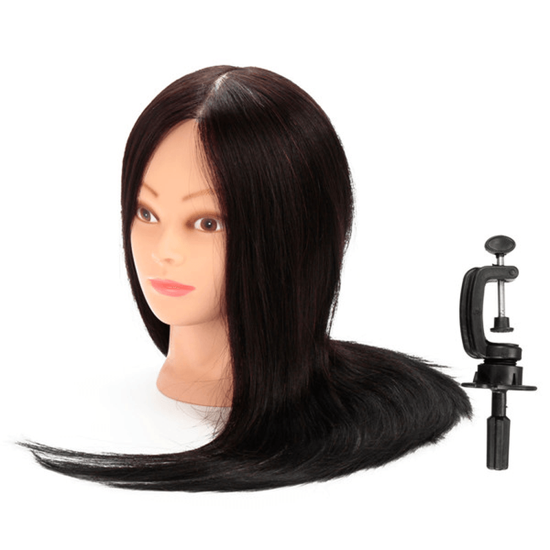 Maniquí de práctica 100 % negro con cabello humano real, cabezal de entrenamiento para peluquería, soporte de pinza para corte