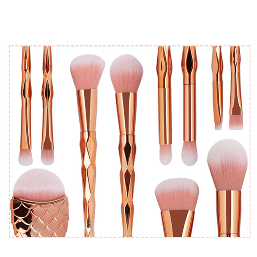 11PCS Mermaid Makeup Brushes Set Fishtail Shaped Foundation Powder Cosmetics Brushes Make up Tools