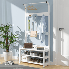 Porte-manteaux Porte-manteaux sur pied Porte-chaussures en bois massif et fer Porte-manteaux d'entrée Porte-vêtements Chambre Salon Vêtements Chapeau Écharpe Support Support de rangement multifonctionnel