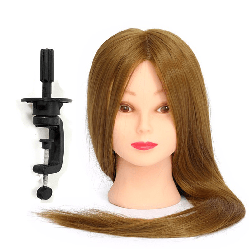 Cabeza de maniquí de entrenamiento de 26" de color marrón claro con 30 % de cabello humano, modelo de peluquería, práctica de maquillaje con abrazadera