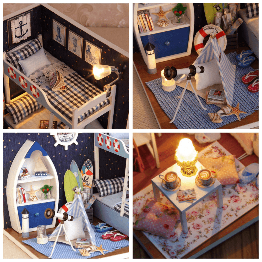 Kit de muebles en miniatura para casa de muñecas, hecho a mano, para habitación creativa, con luz LED, cubierta a prueba de polvo, juguete para niños, regalo de cumpleaños, colección de decoración del hogar