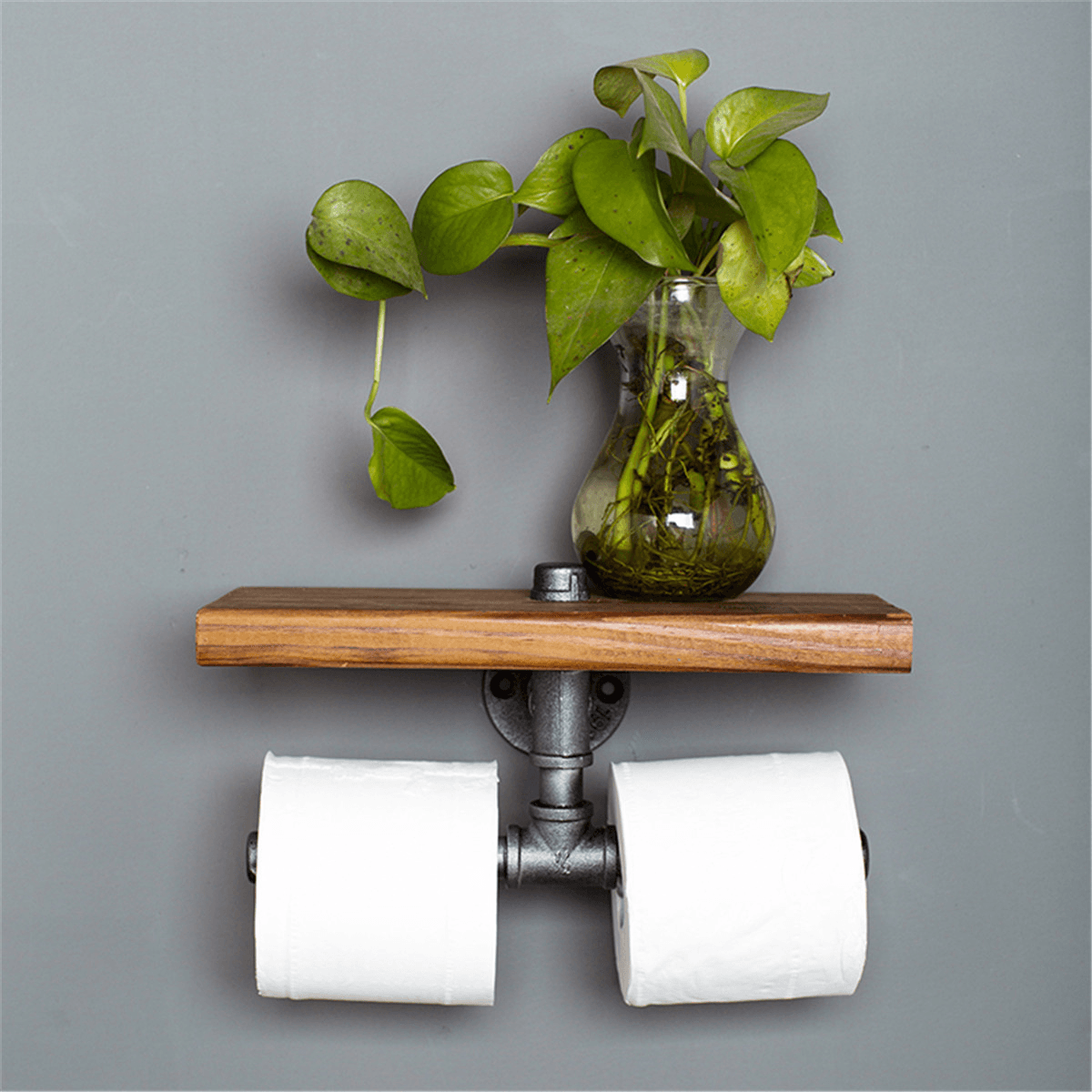 Double Toilet Paper Holder Urban Industrial Iron Pipe Wall Mount with Wood Shelf Paper Shelf Holder