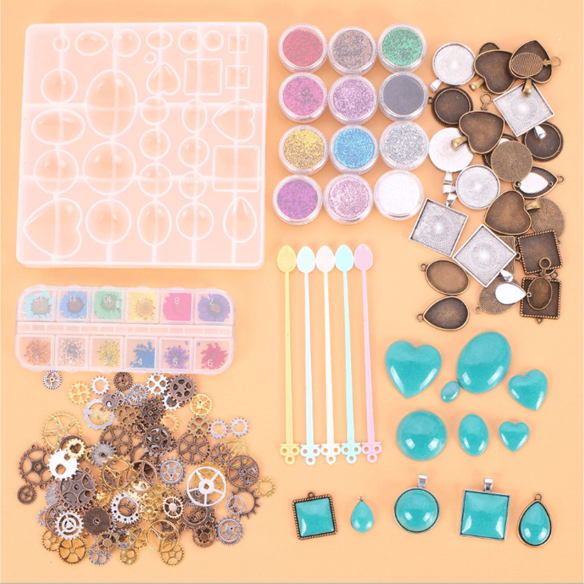 Lot de 45 plateaux à pendentifs pour fabrication de bijoux à faire soi-même, moule en résine de silicone pour bracelet en cristal, kit de moulage de bijoux, base vintage