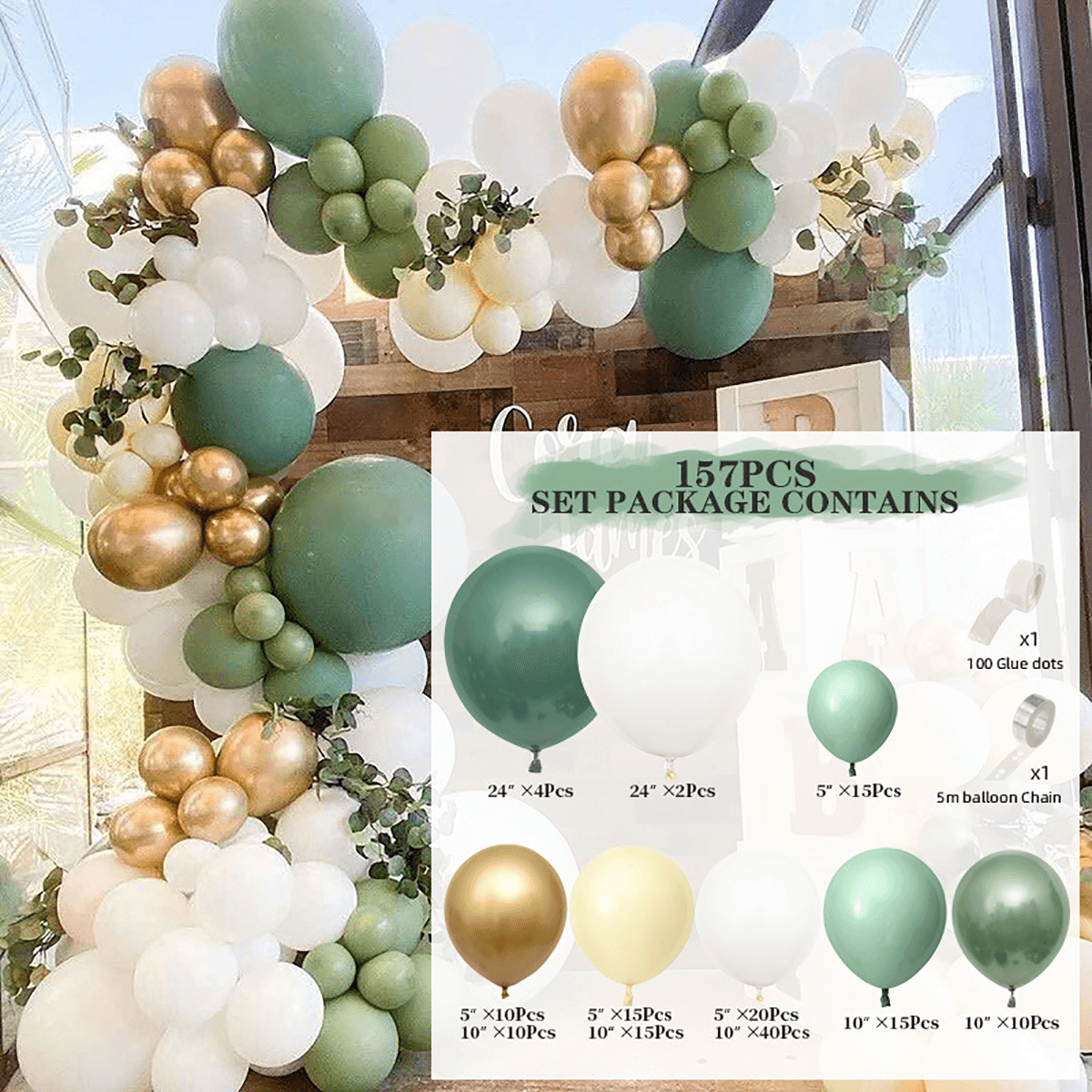 Guirlande de ballons verts et dorés pour fête, anniversaire, mariage