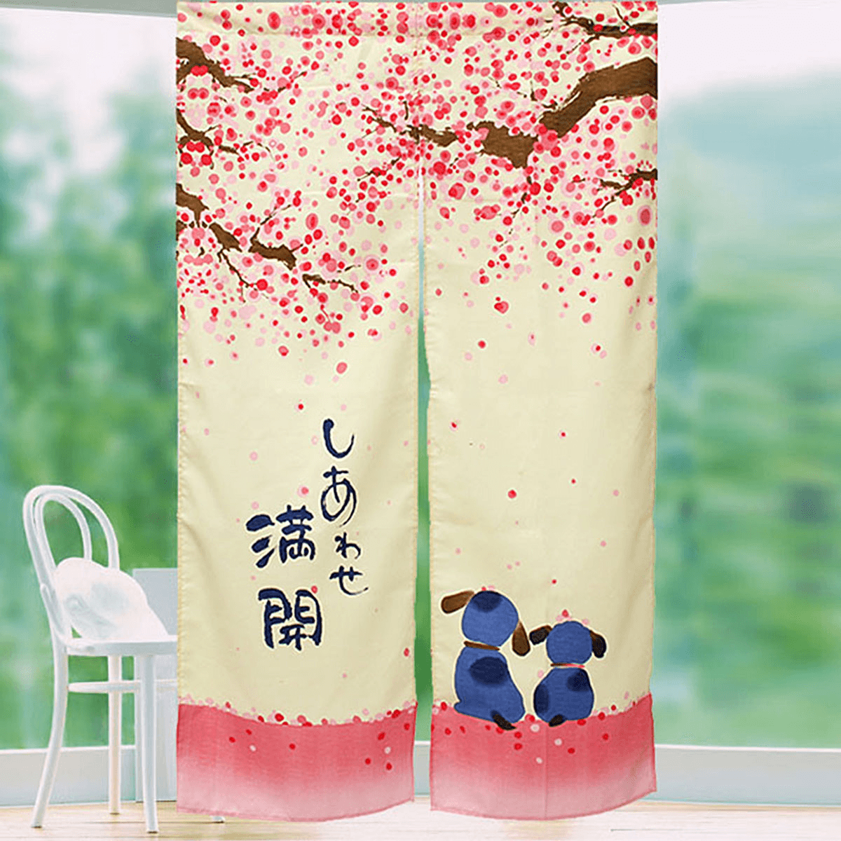 Rideau de porte noren japonais romantique en fleurs de cerisier Sakura et petit chien 150 x 85 cm