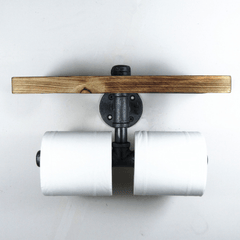 Double Toilet Paper Holder Urban Industrial Iron Pipe Wall Mount with Wood Shelf Paper Shelf Holder