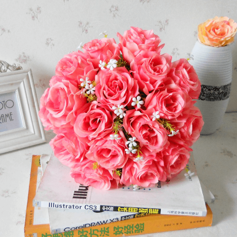 Ramo de 18 cabezas de rosas artificiales de seda de 15 pulgadas para decoración de bodas y hogar