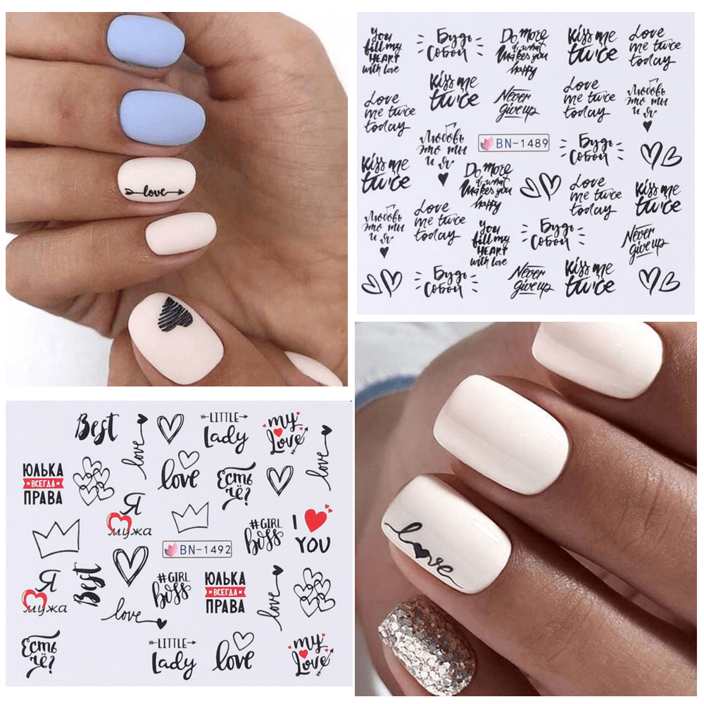 Lot de 12 autocollants pour nail art, lettres d'amour, fleurs, décoration d'ongles, autocollants de transfert pour la Saint-Valentin