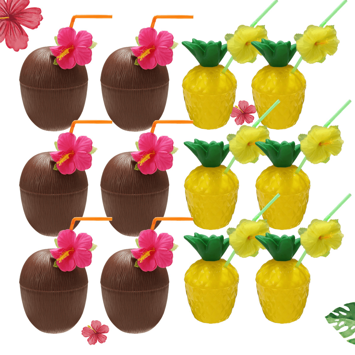 Lot de 12 gobelets en plastique à base de noix de coco et d'ananas avec paille, style tropical hawaïen, Luau, Hula, plage, piscine, fête