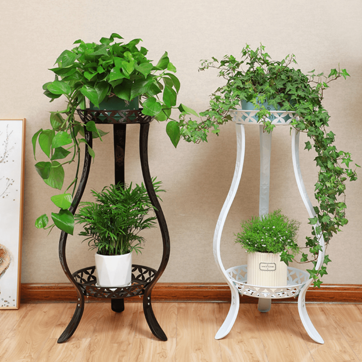 Estante de metal para suelo con 2 capas para plantas y flores, decoración para el hogar y el balcón