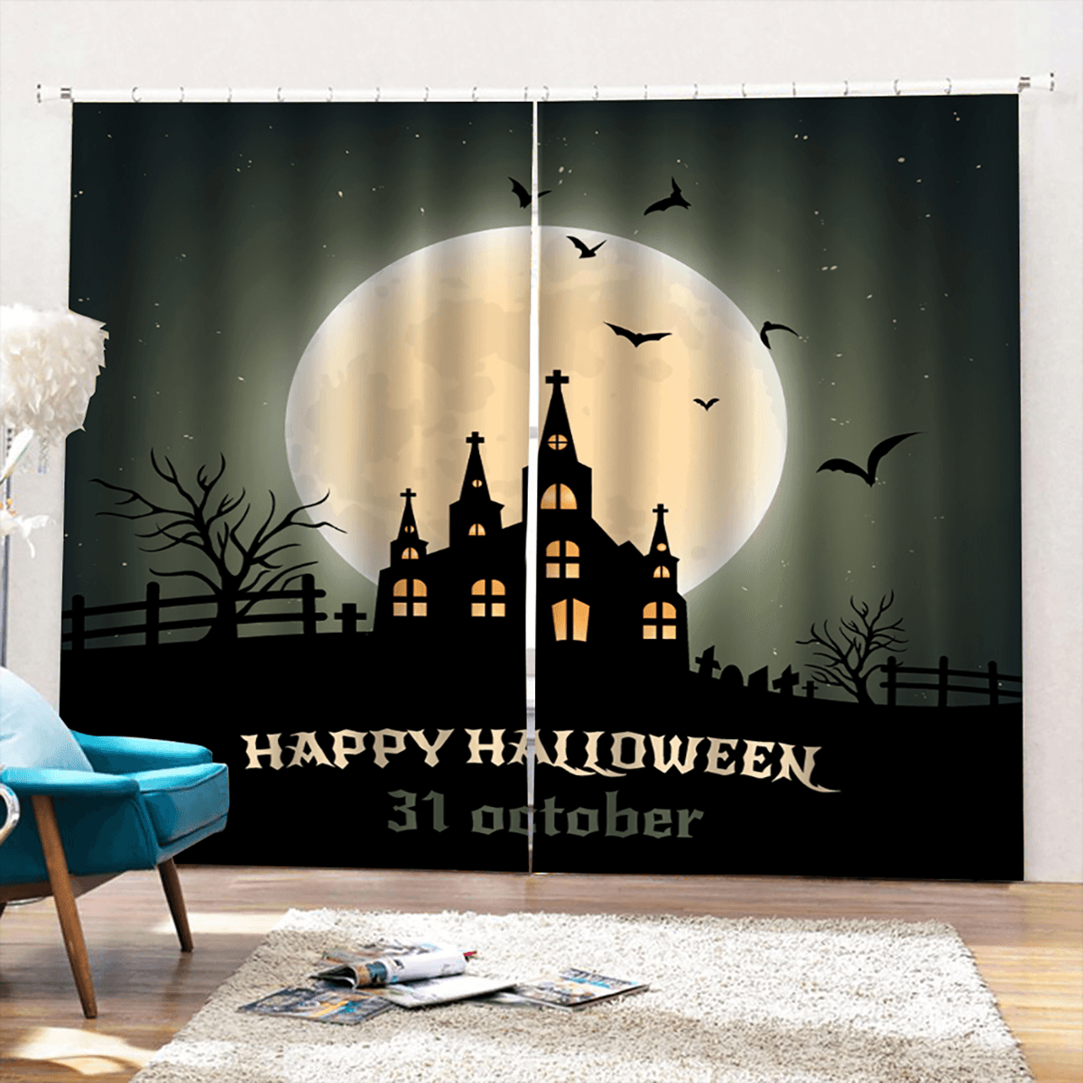 Rideaux occultants pour fenêtre 132 x 160 cm, rideaux imprimés Halloween pour salon, décoration de festival