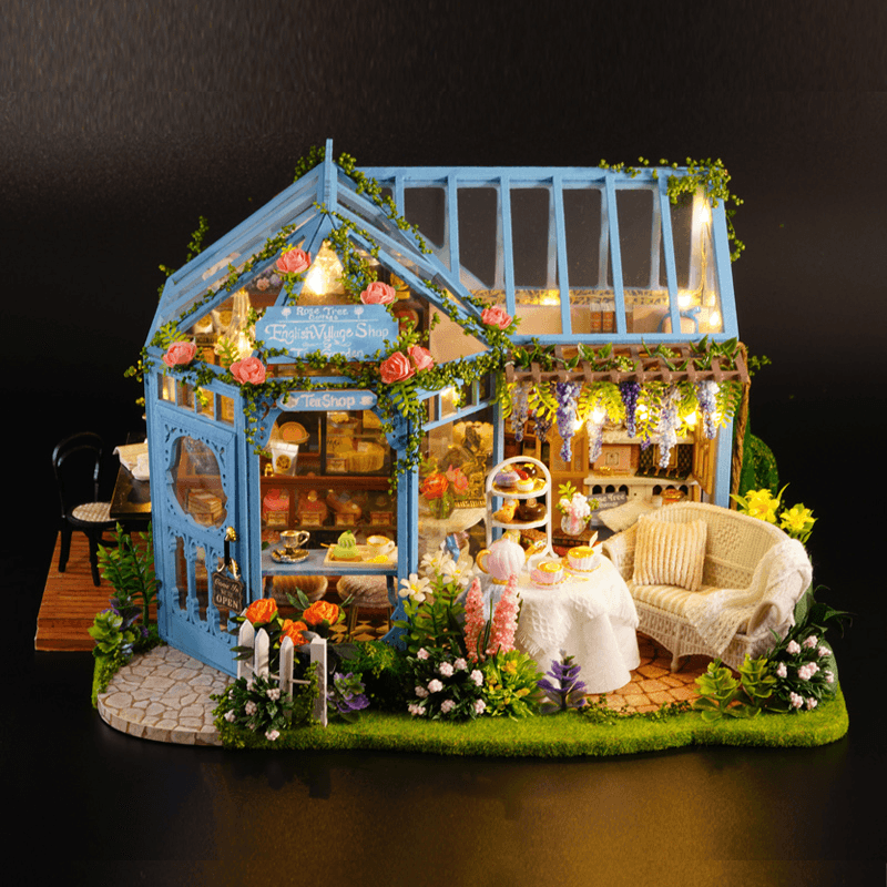 Cuteroom A068 DIY Cabin Rose Garden Tea House Handmade Doll House Model with Dust Cover Music Motor