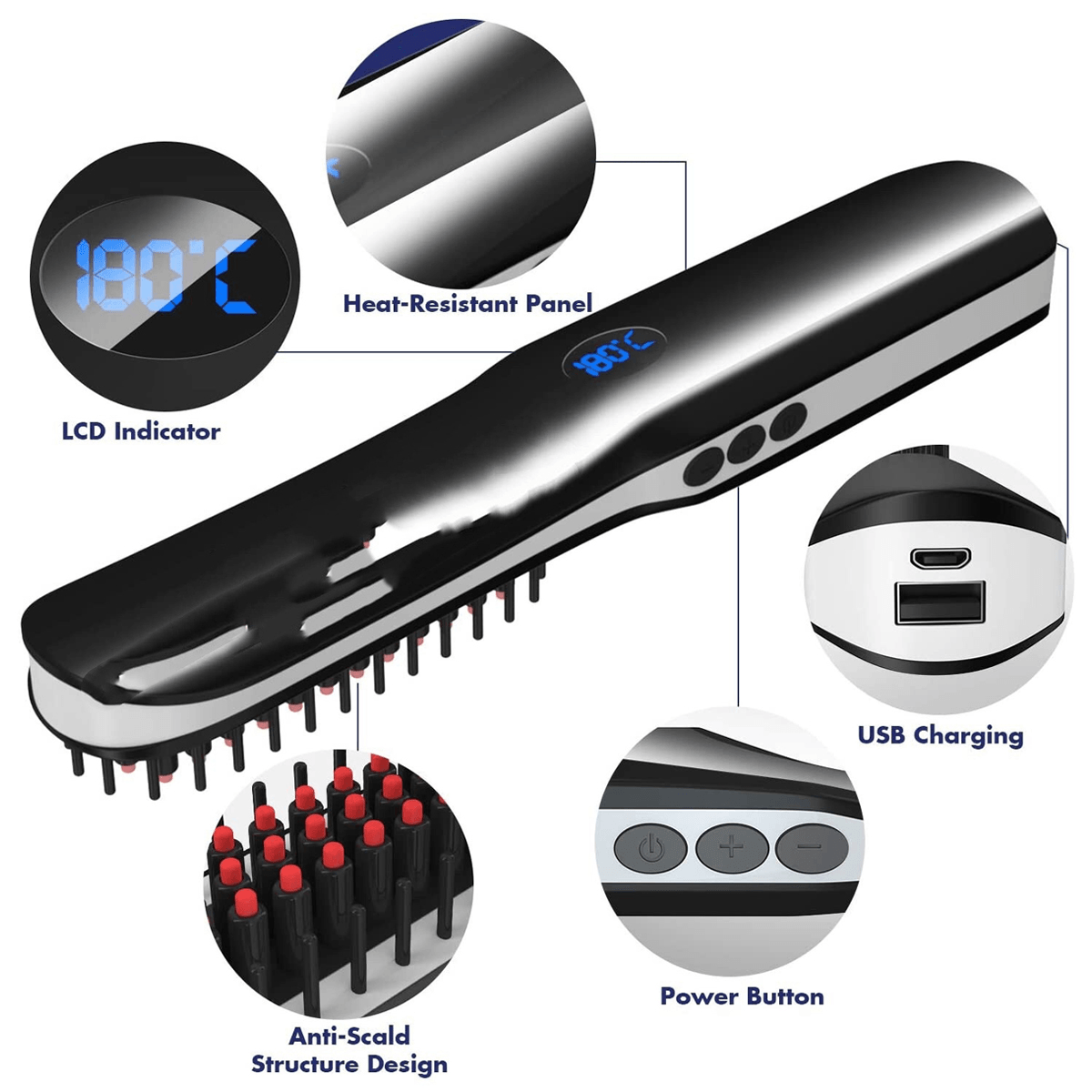 Lisseur électrique sans fil 2 en 1 LCD rapide pour barbe, brosse à cheveux, peigne, boucleur