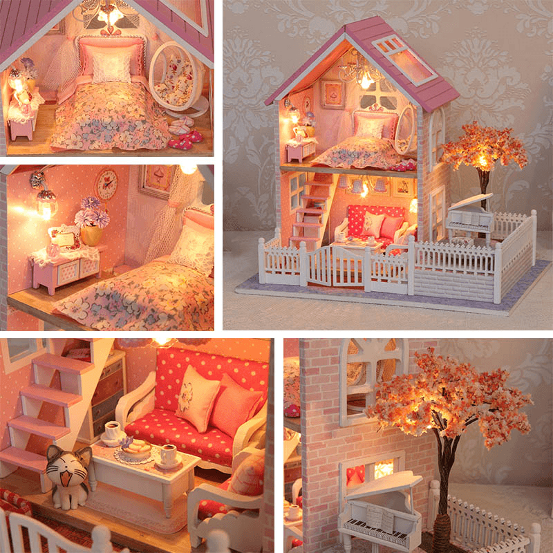 Cuteroom 1/24 Maison de poupée en bois à faire soi-même Rose Cerise Décorations faites à la main Modèle avec lumière LED et musique Anniversaire