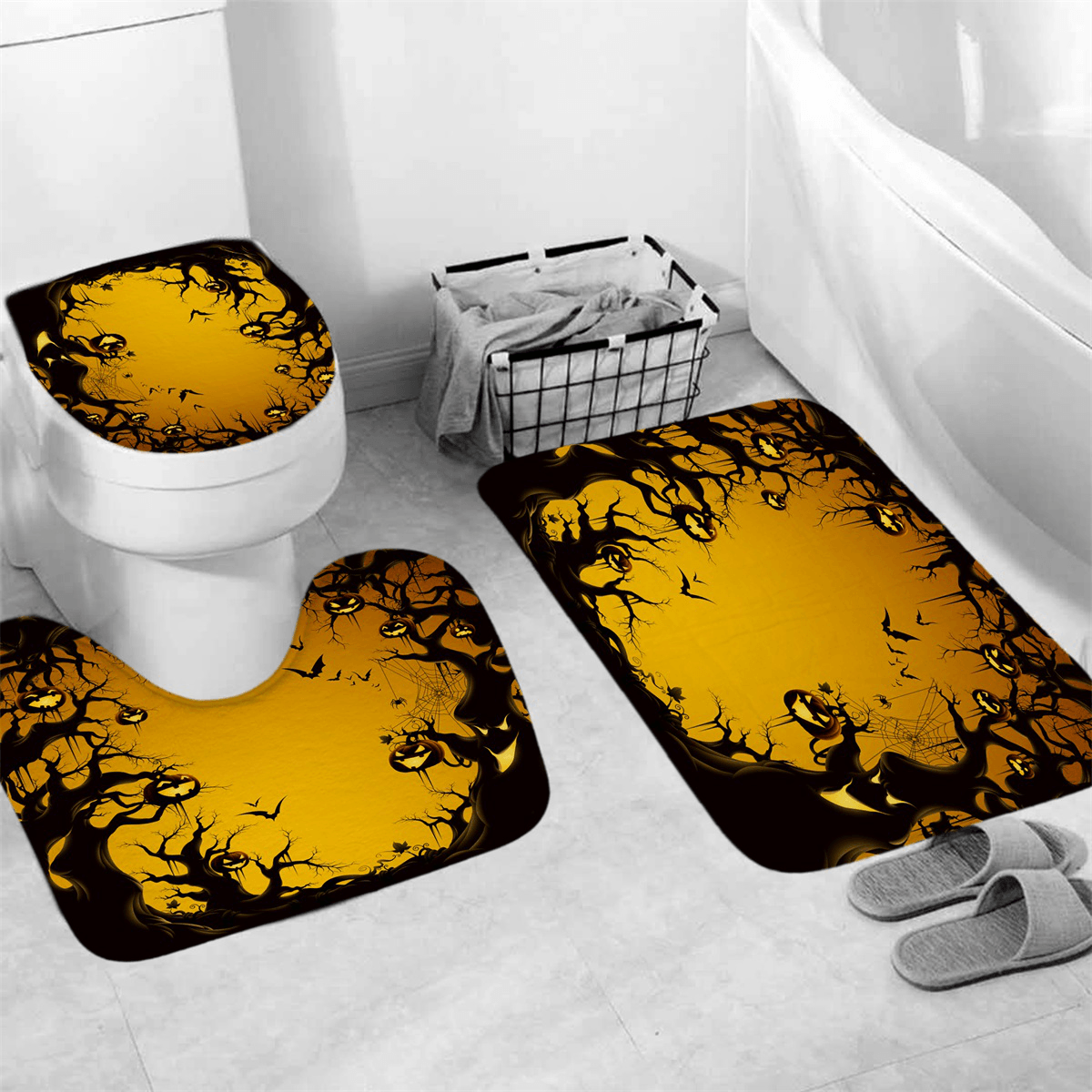 Halloween Series Decorative Toys Bathroom Toilet Cover+Non-Slip Pedestal Rug+Bath Mat / Waterproof Shower Curtain Halloween Style