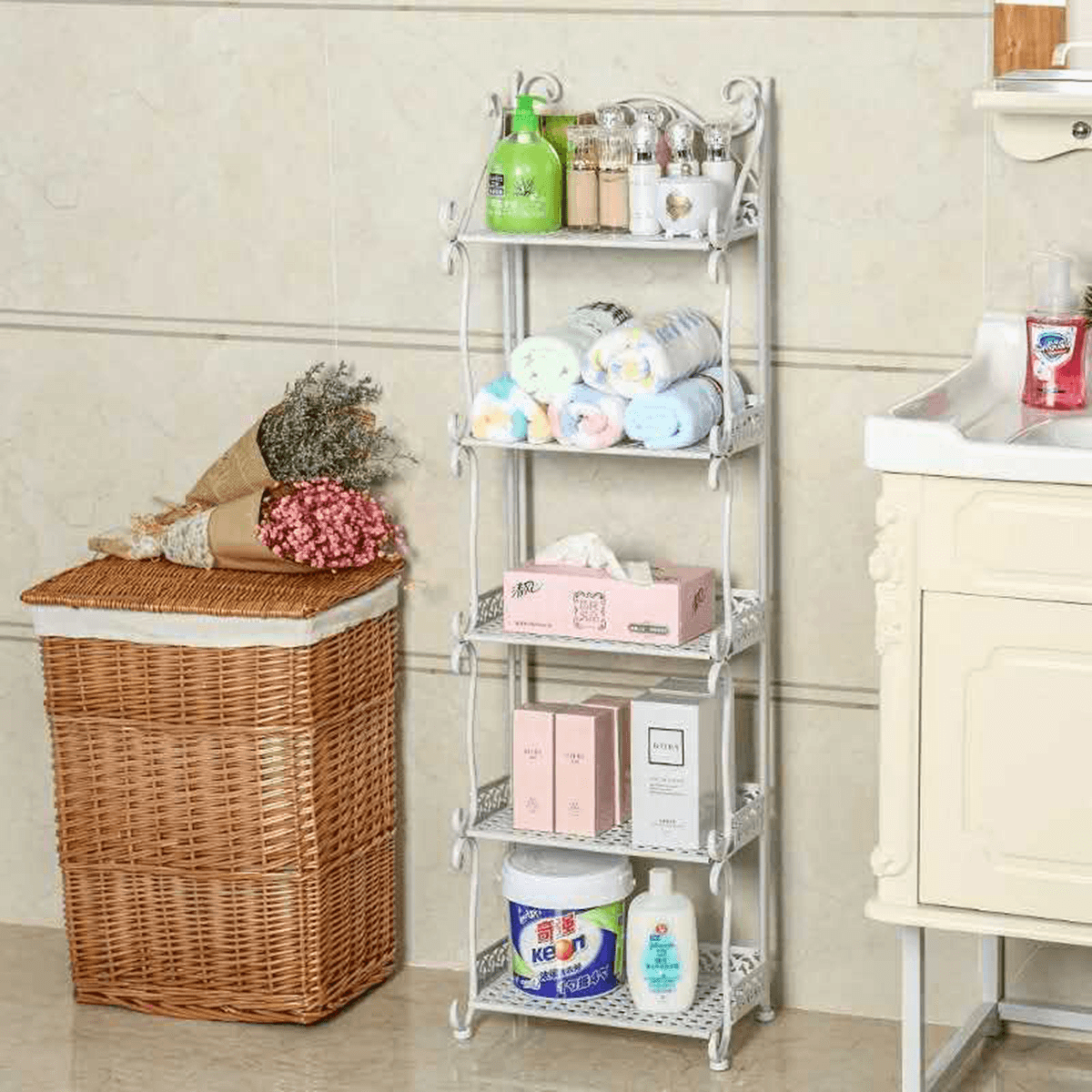 1 étagère de rangement pliable à 3/4/5 niveaux, style nordique, minimaliste, multifonctionnelle, pour bureau, maison, chambre à coucher, salle de bain, cuisine