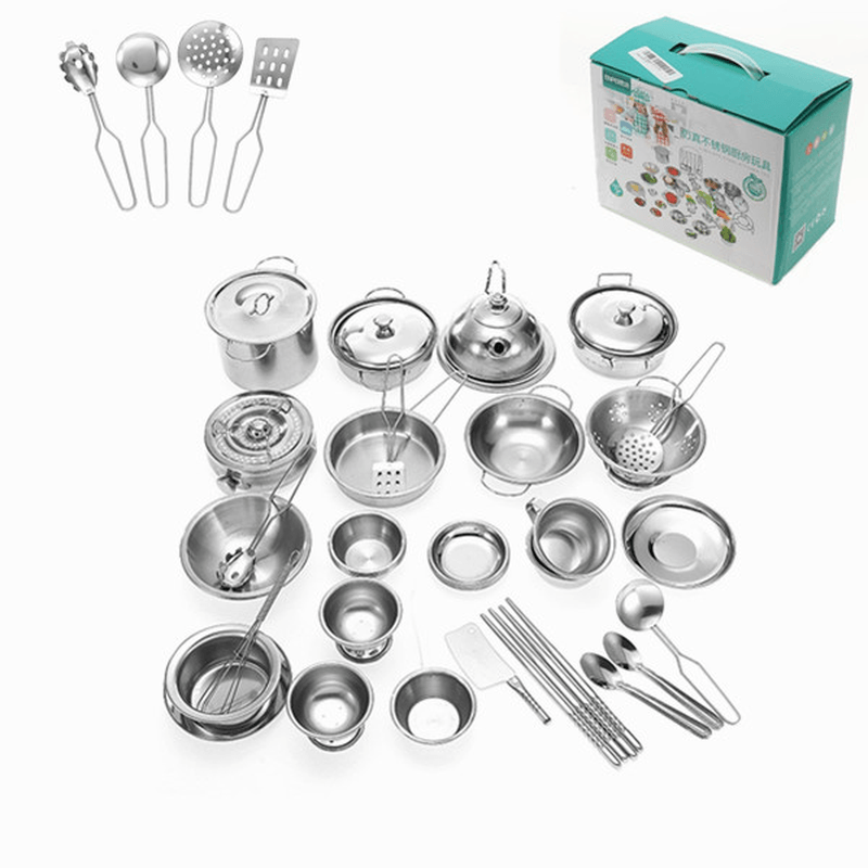 ENPEI 40 piezas Mini juego de utensilios de cocina Juego de ollas y sartenes de acero inoxidable para niños Juego de rol Juguete de regalo