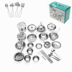 ENPEI 40 piezas Mini juego de utensilios de cocina Juego de ollas y sartenes de acero inoxidable para niños Juego de rol Juguete de regalo