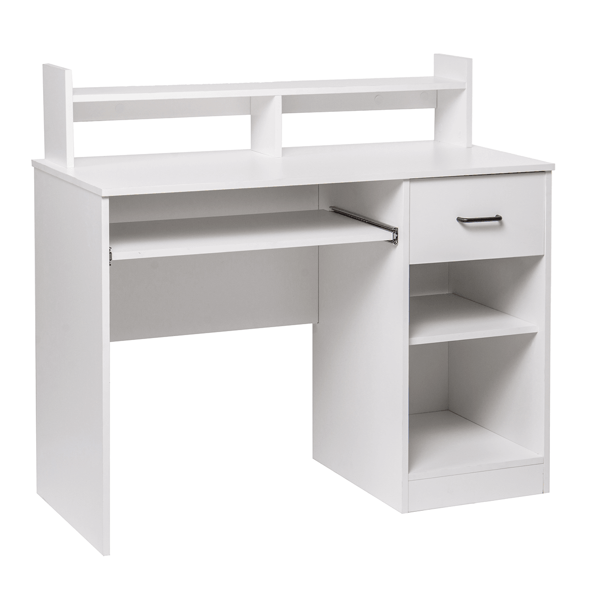 Bureau d'ordinateur avec tiroirs, étagère de rangement, plateau pour clavier, bureau à domicile, bureau pour ordinateur portable, table de bureau pour petits espaces