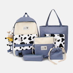 5 piezas de lona con estampado de vaca preppy, multifunción, combinación de bolsos, mochilas, bolsos cruzados, bolsos de mano, carteras de mano 