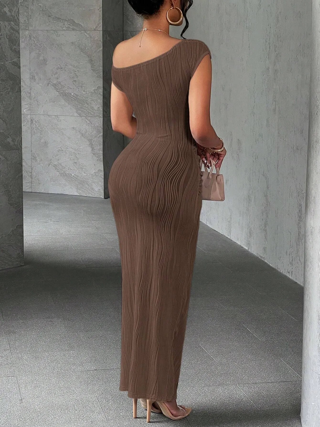 Asymmetrical One Shoulder Bodycon Maxi Dress in brown, showcasing a fitted silhouette and elegant design from the back.